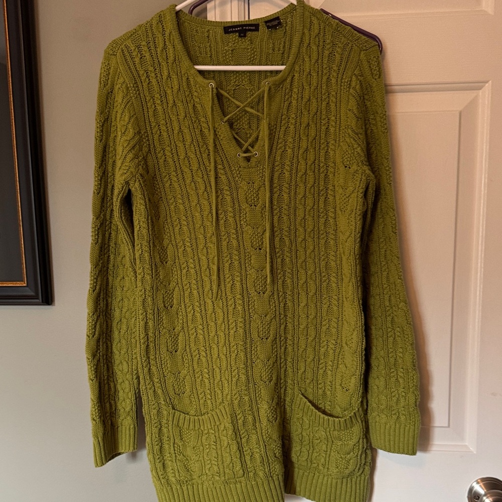 JEANNE PIERRE Olive Green Cable Knit Lace-Up V-Neck Sweater Tunic